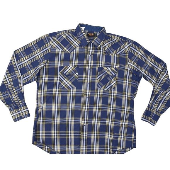 VTG Tem Tex Western Made in USA Men Blue Plaid Casual Cotton Snap Shirt 17.5 36 - Picture 1 of 8